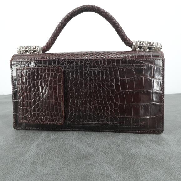 Brighton Handbag Womens Croc Embossed Brown Leather Braided Top Strap Purse - Picture 3 of 16